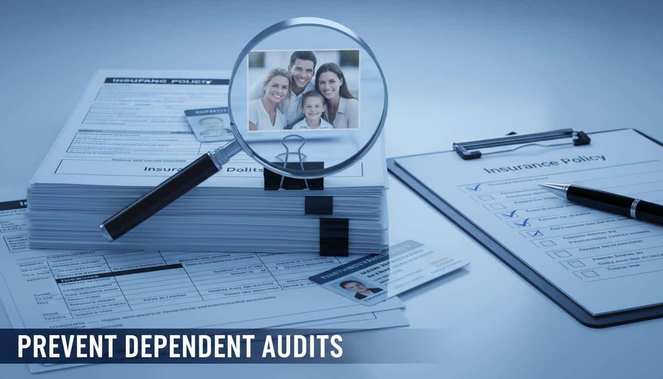 Close-up of a magnifying glass hovering over a printed family photo clipped to a stack of insurance/