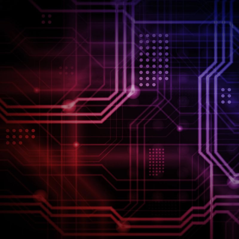 Abstract image showing a digital circuit board pattern with red and purple lines and dots on a dark background.