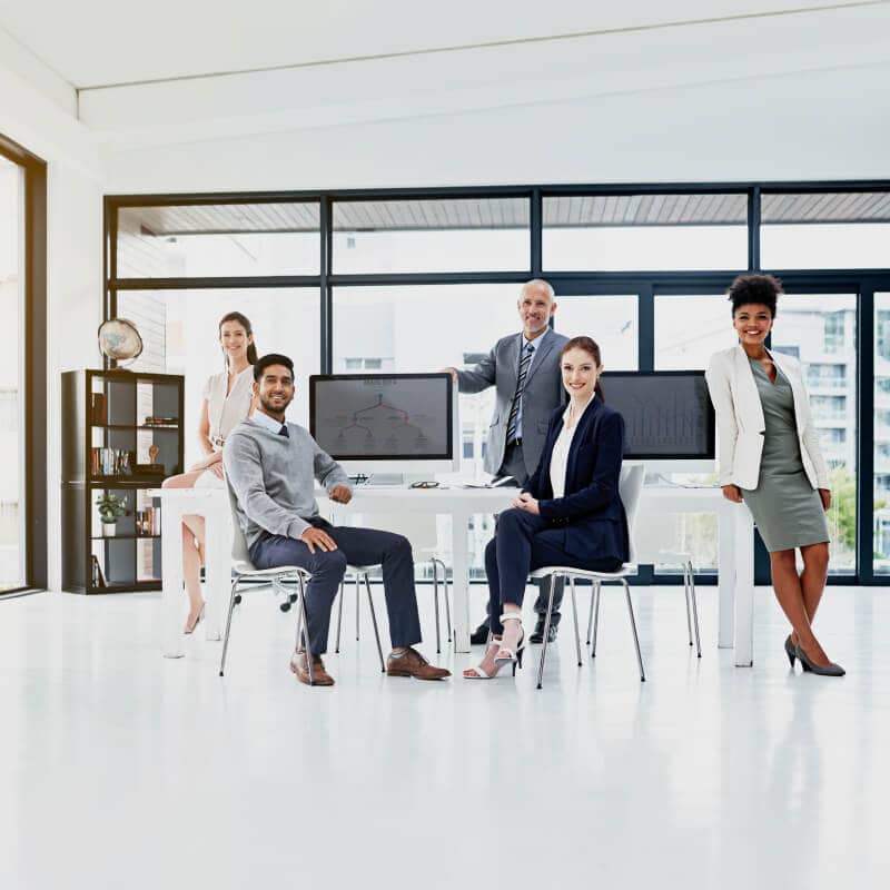 Five professionally dressed colleagues pose together in a modern, bright office with large windows, computer monitors, and shelves in the background.