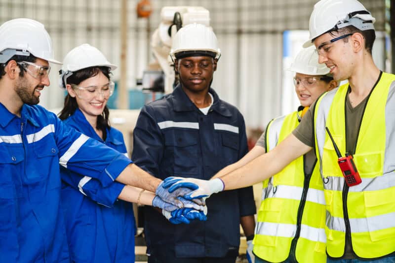 Five industrial workers wearing safety gear stand in a circle, stacking their hands together in a gesture of teamwork inside a factory setting.