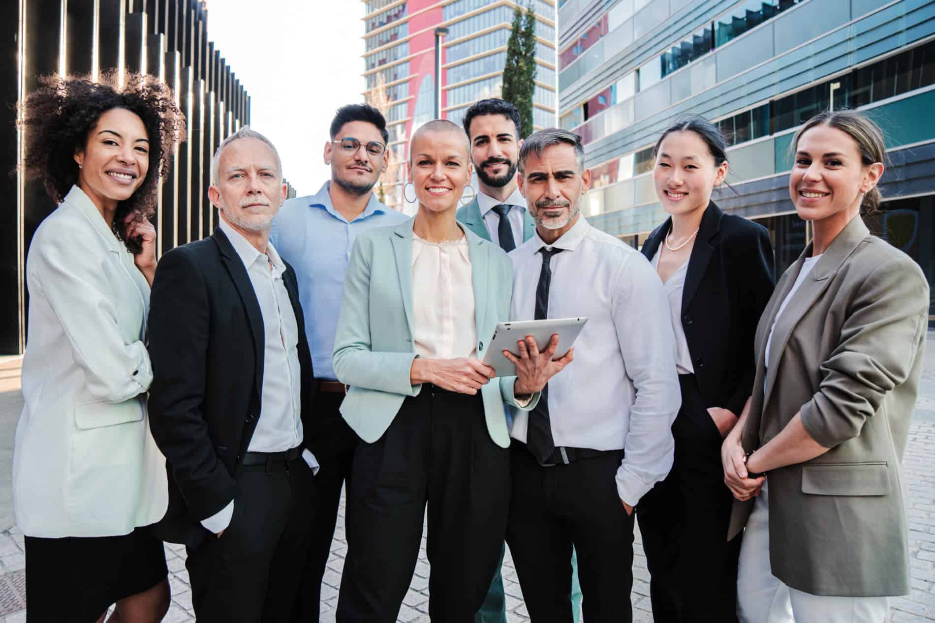 A group of eight professionally dressed people stand outdoors in front of modern office buildings, with one person holding a tablet.